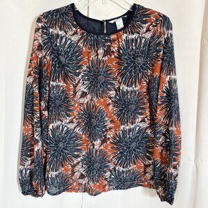 HM Womens Top Size 12 Blue Floral Sheer Boho Rustic Retro Western Modest‎ 18604